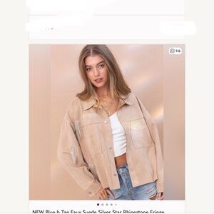 NEW Blue b Tan Faux Suede Silver Star Rhinestone Fringe Western Snap Up Jacket S